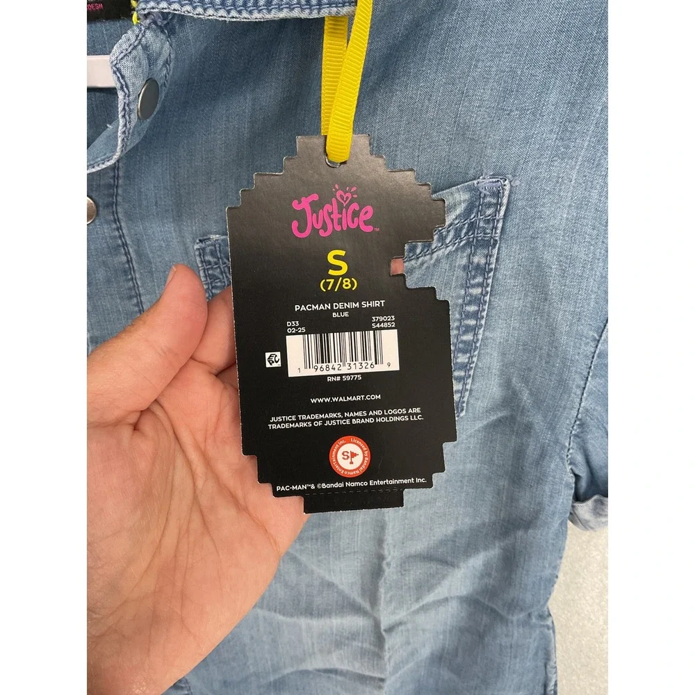 Justice Girls Denim Shirt Pac-Man Embroidery Raw Hem Blue S 7/8